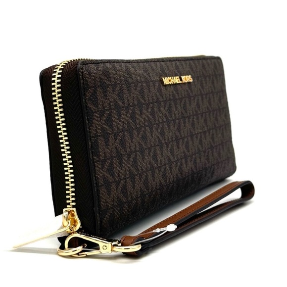 Michael Kors Large Travel Continental Wallet Wristlet Brown/Gold - Picture 4 of 10